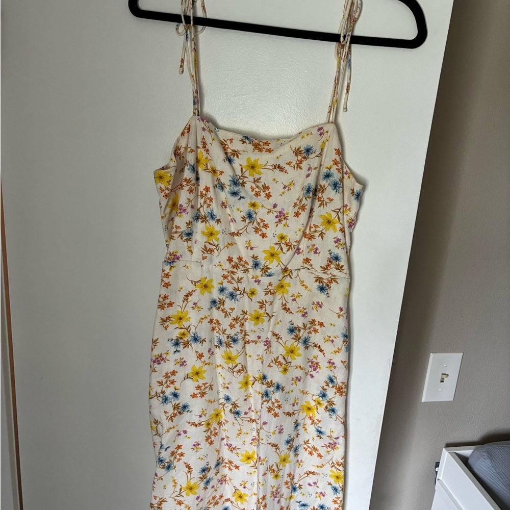 Linen Mini Sundress with Yellow and Blue Floral Print. M Tall